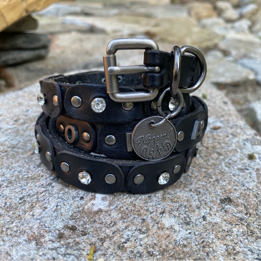 VNtG Y2K KAPORAL Leather Stud Rhinestone Skinny Belt Black Silver Wrap 90cm 34in - Picture 13 of 14